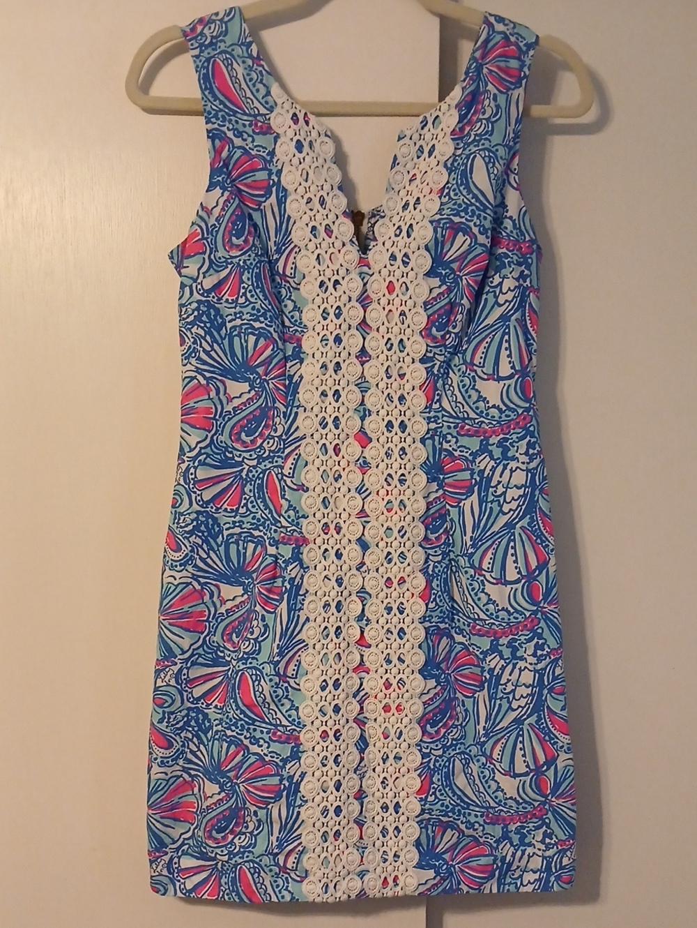 Lilly Pulitzer Blue, Pink and White Crochet-Trim Midi Dress in Size 6